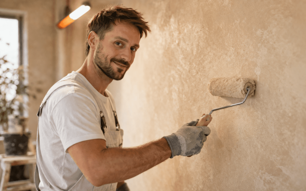 Maler bei der Arbeit beim Streichen einer Wand
